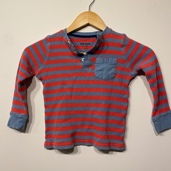 **$5 SALE** Mini Boden Red and Blue Waffle Striped Long Sleeve Shirt 5-6 Years - Picture 1 of 2